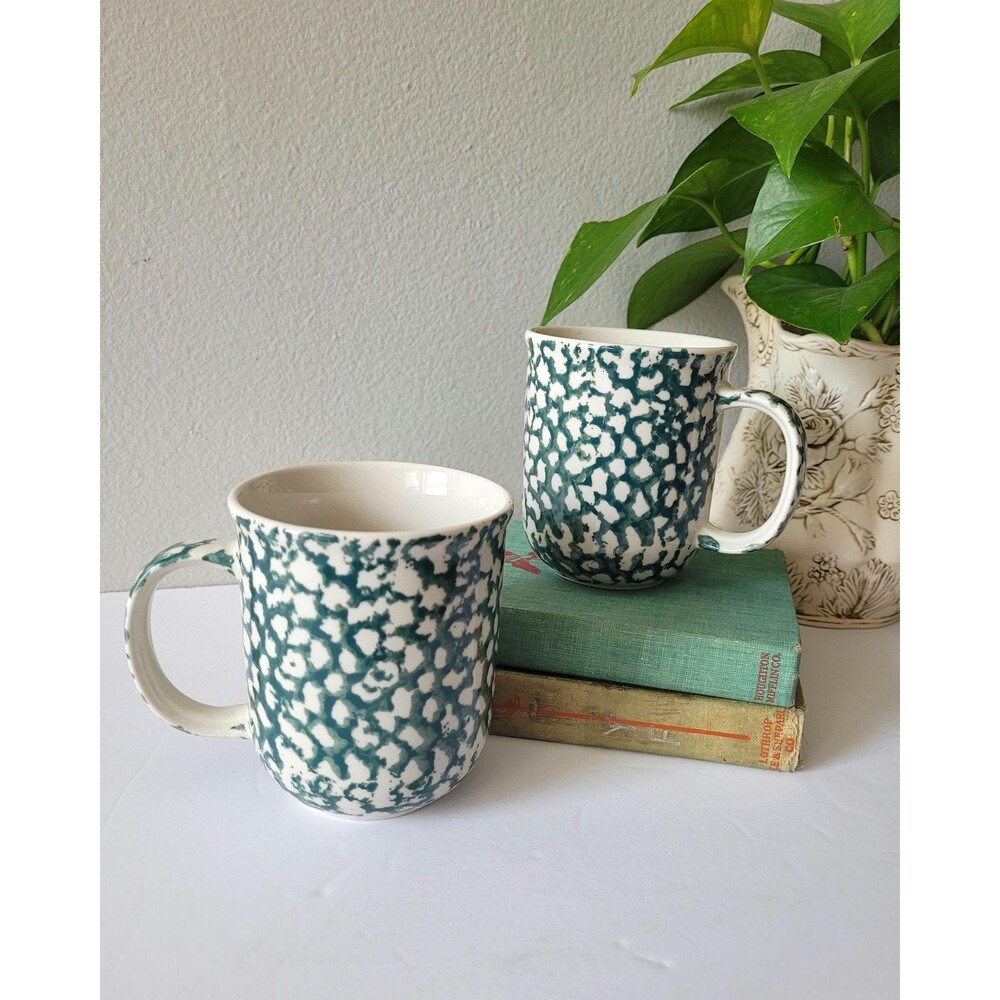Vintage Folk Craft Moose Country Coffee Mugs Green Spongeware Set of 2 1990s